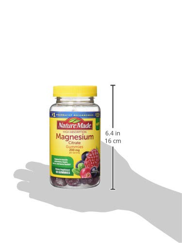 Nature Made High Absorption Magnesium Citrate 200 mg per serving, Magnesium Supplement for Muscle, Nerve, Bone and Heart Support, 60 Magnesium Gummies, 30 Day Supply