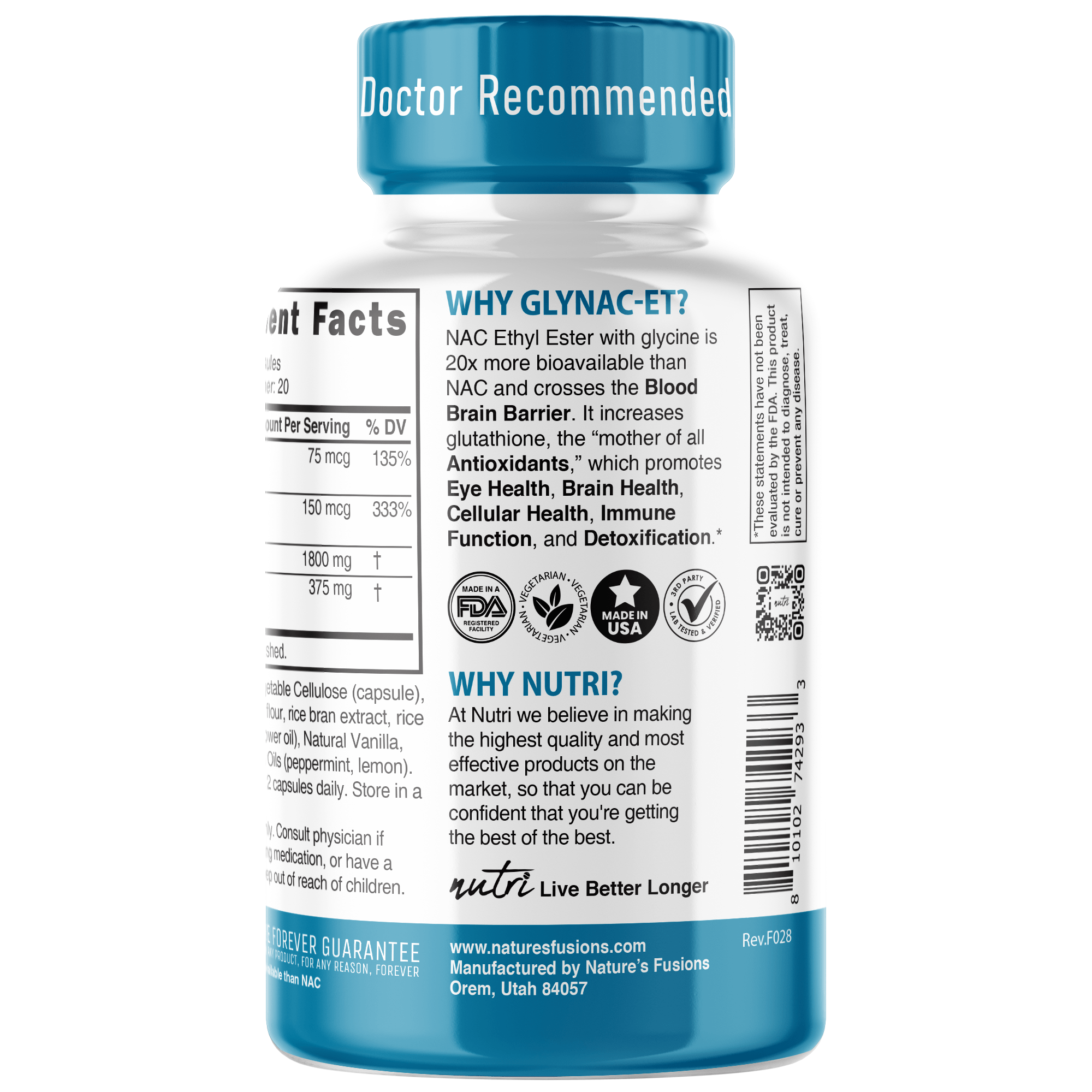 Nutri GlyNACET EXTRA Strength (Glycine W/ NAC Ethyl Ester, Molybdenum & Selenium) 1800/375mg, 60 Capsule