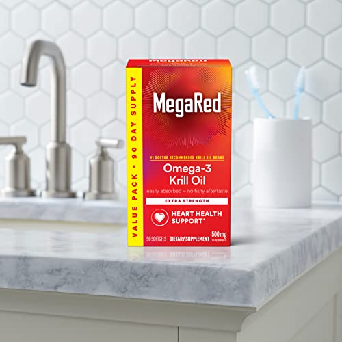 MegaRed Antarctic Krill Oil 500mg Omega 3 Fatty Acid Supplement, Extra Strength EPA & DHA Krill Oil Softgels (90cnt Box), Astaxanthin, Heart Health Supplement with No Fish Oil Aftertaste