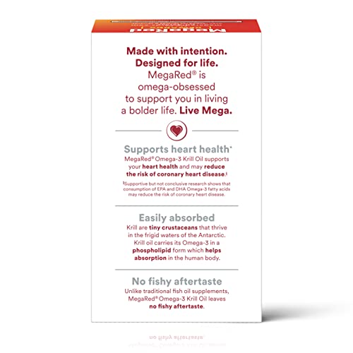 MegaRed Antarctic Krill Oil 500mg Omega 3 Fatty Acid Supplement, Extra Strength EPA & DHA Krill Oil Softgels (90cnt Box), Astaxanthin, Heart Health Supplement with No Fish Oil Aftertaste