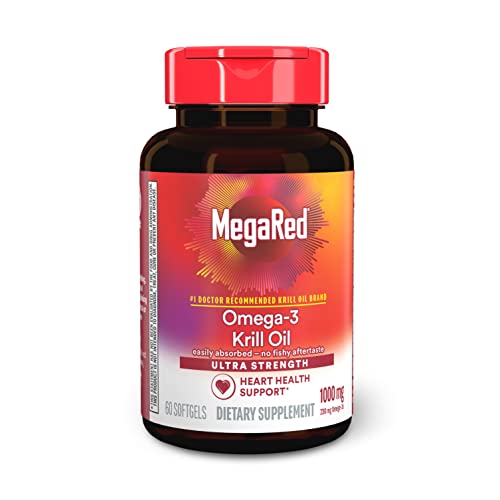MegaRed Antarctic Krill Oil 500mg Omega 3 Fatty Acid Supplement, Extra Strength EPA & DHA Krill Oil Softgels (90cnt Box), Astaxanthin, Heart Health Supplement with No Fish Oil Aftertaste