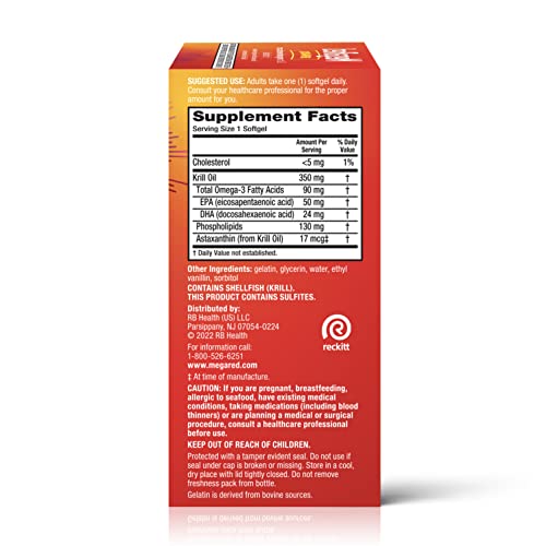 MegaRed Antarctic Krill Oil 500mg Omega 3 Fatty Acid Supplement, Extra Strength EPA & DHA Krill Oil Softgels (90cnt Box), Astaxanthin, Heart Health Supplement with No Fish Oil Aftertaste