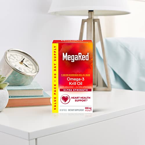 MegaRed Antarctic Krill Oil 500mg Omega 3 Fatty Acid Supplement, Extra Strength EPA & DHA Krill Oil Softgels (90cnt Box), Astaxanthin, Heart Health Supplement with No Fish Oil Aftertaste