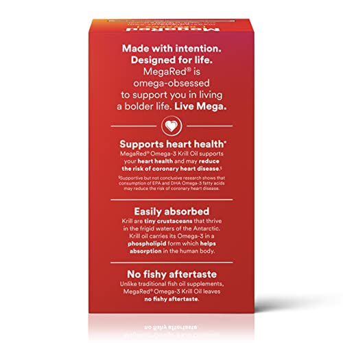 MegaRed Antarctic Krill Oil 500mg Omega 3 Fatty Acid Supplement, Extra Strength EPA & DHA Krill Oil Softgels (90cnt Box), Astaxanthin, Heart Health Supplement with No Fish Oil Aftertaste