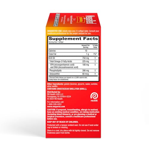 MegaRed Antarctic Krill Oil 500mg Omega 3 Fatty Acid Supplement, Extra Strength EPA & DHA Krill Oil Softgels (90cnt Box), Astaxanthin, Heart Health Supplement with No Fish Oil Aftertaste