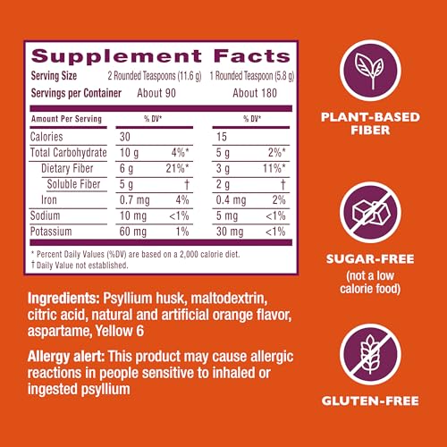 Metamucil 4-in-1 Psyllium Husk Fiber Supplement, 180 teaspoons, Orange Flavored.