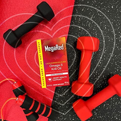 MegaRed Antarctic Krill Oil 500mg Omega 3 Fatty Acid Supplement, Extra Strength EPA & DHA Krill Oil Softgels (90cnt Box), Astaxanthin, Heart Health Supplement with No Fish Oil Aftertaste