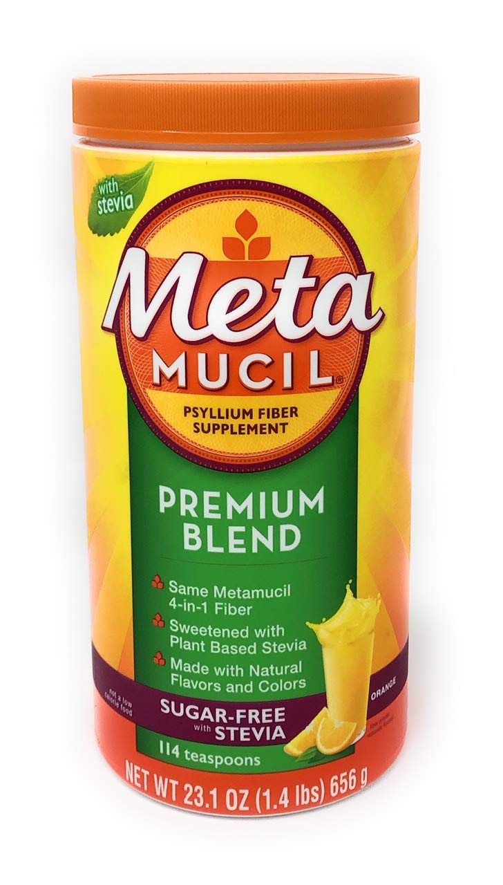 Meta Mucil Premium Blend Psyllium Fiber Supplement container on a white background