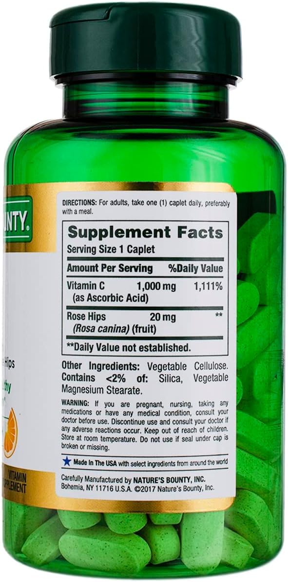 Nature’s Bounty Vitamin C + Rose HIPS, Immune Support, 1000mg Vitamin C, Coated Caplets, 1 Serving per Day, Vegetarian Caplets, 100 Ct