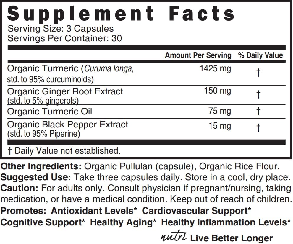 Nutri Organic Turmeric 1425mg, 95% Pure Curcuminoids, 90 Capsules
