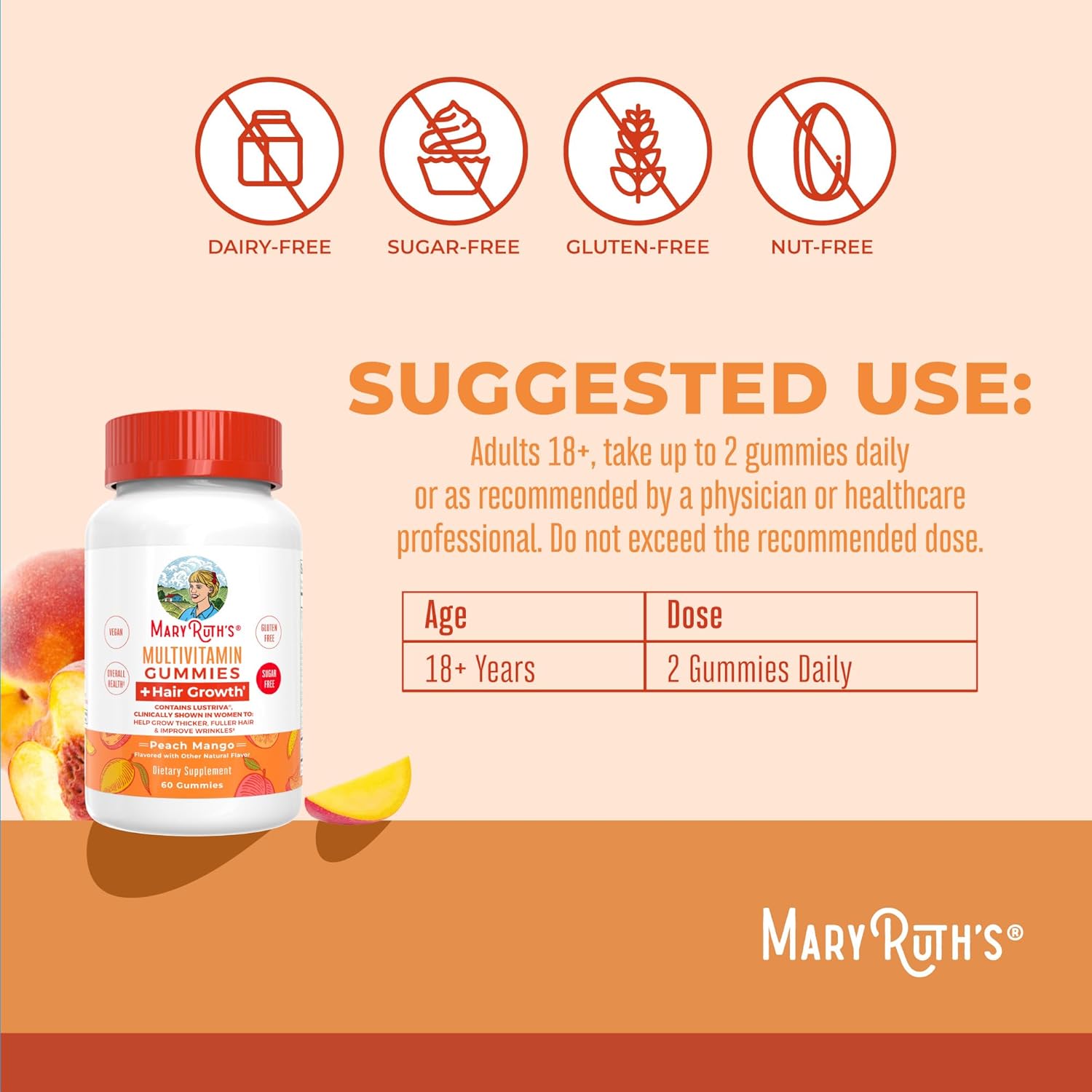 MaryRuth's Multivitamin + Hair Growth Gummies, 30 Servings