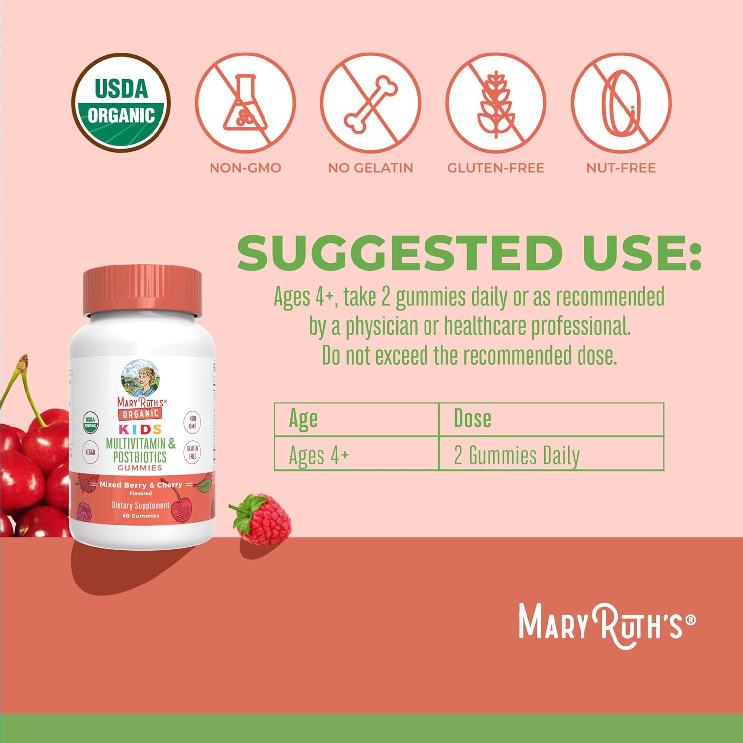 MaryRuth'sOrganic Kids Multivitamin + Postbiotics, 60 Gummies