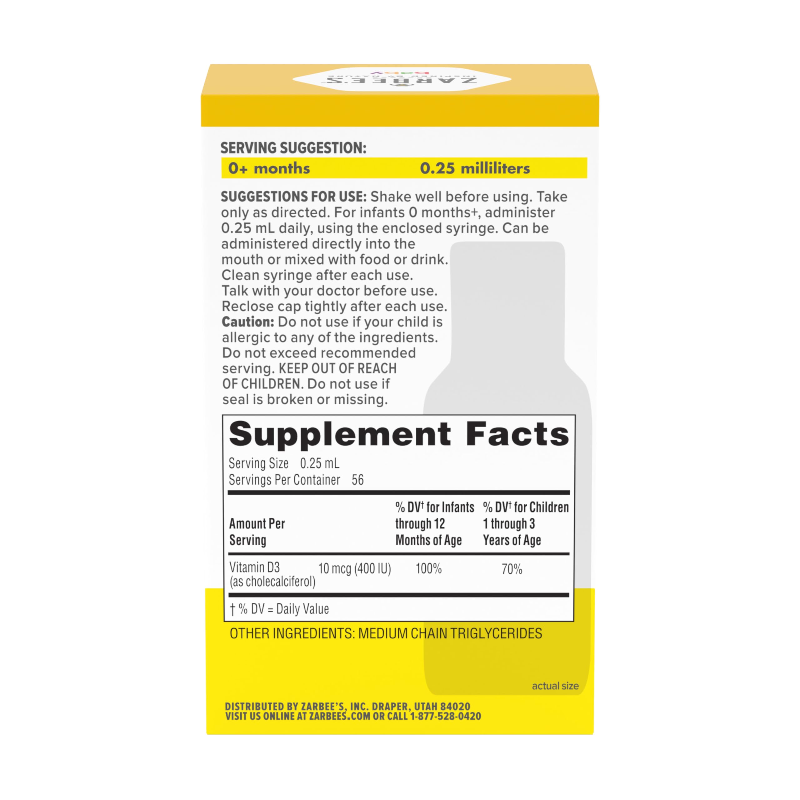 Zarbee's Vitamin D Drops for Infants, 400IU (10mcg), Dropper Syringe Included, 0.47 Fl Oz