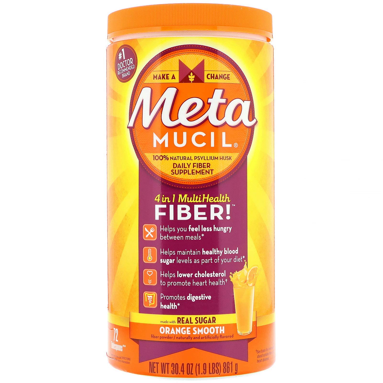 Metamucil 4-in-1 Psyllium Husk Fiber Supplements, Orange Flavores