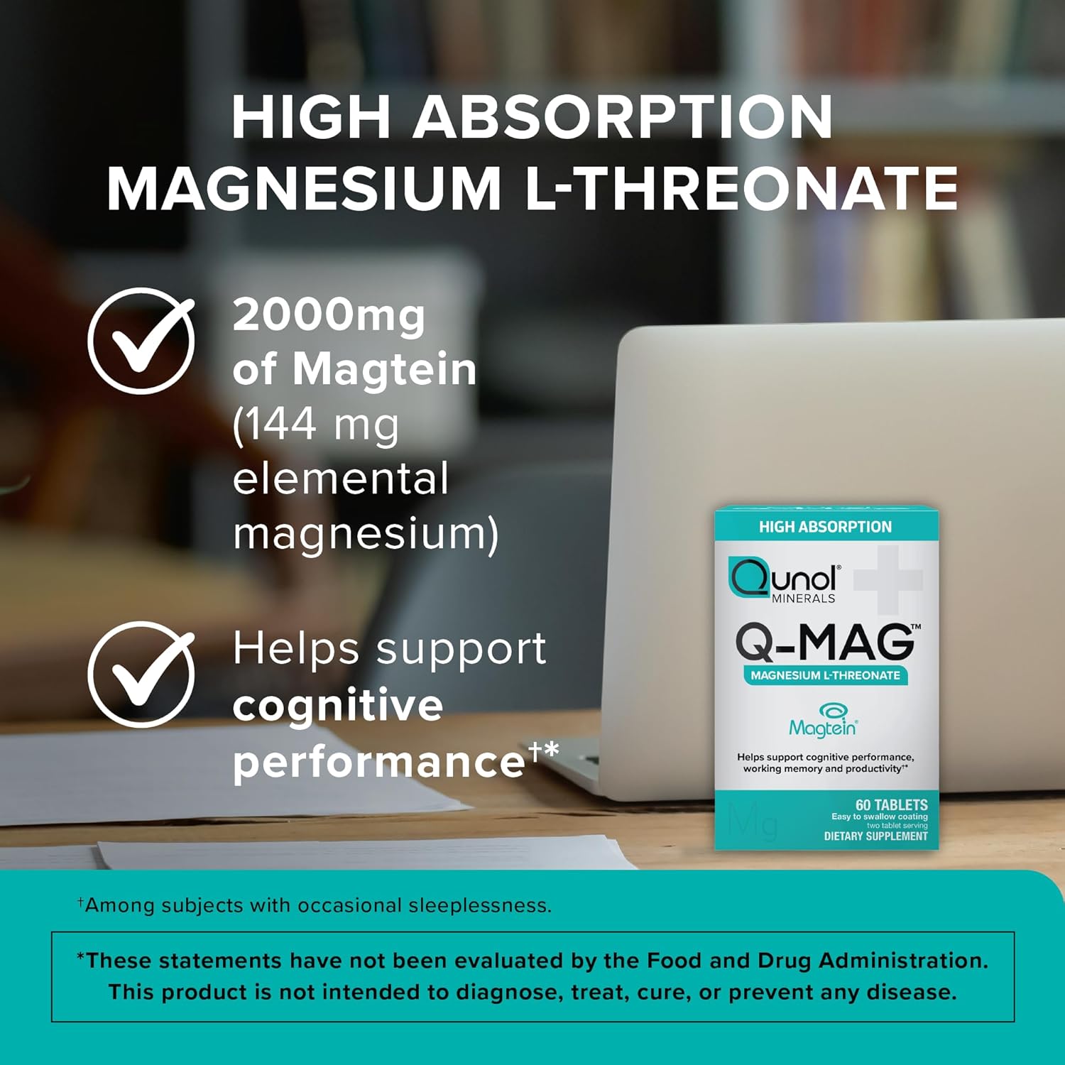 Qunol Q-Mag Magnesium L-Threonate Tablets, 2000mg, 60 Count