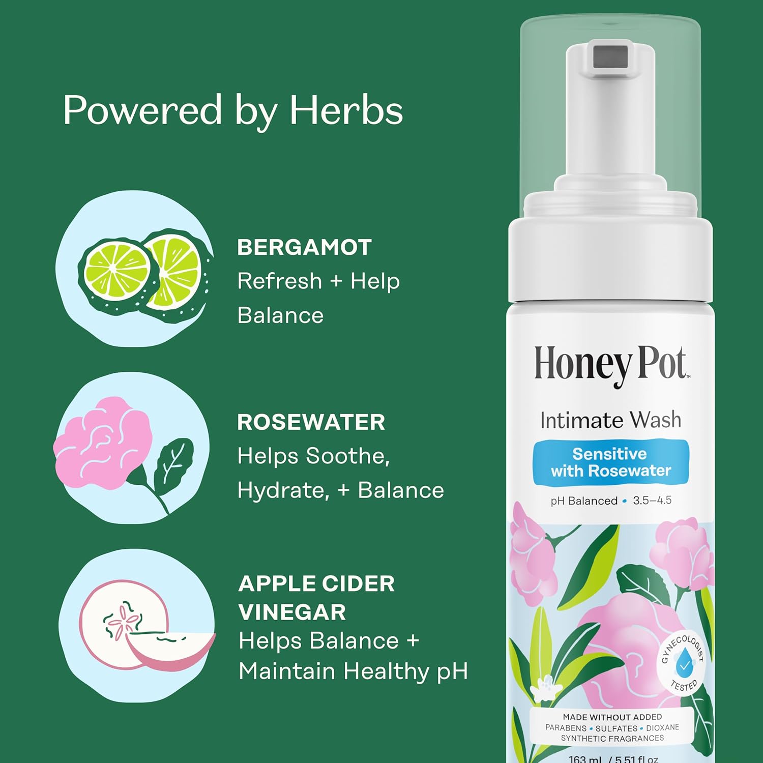 The Honey Pot Company Sensitive with Rosewater Intimate Wash, 5.51 Fluid Oz.