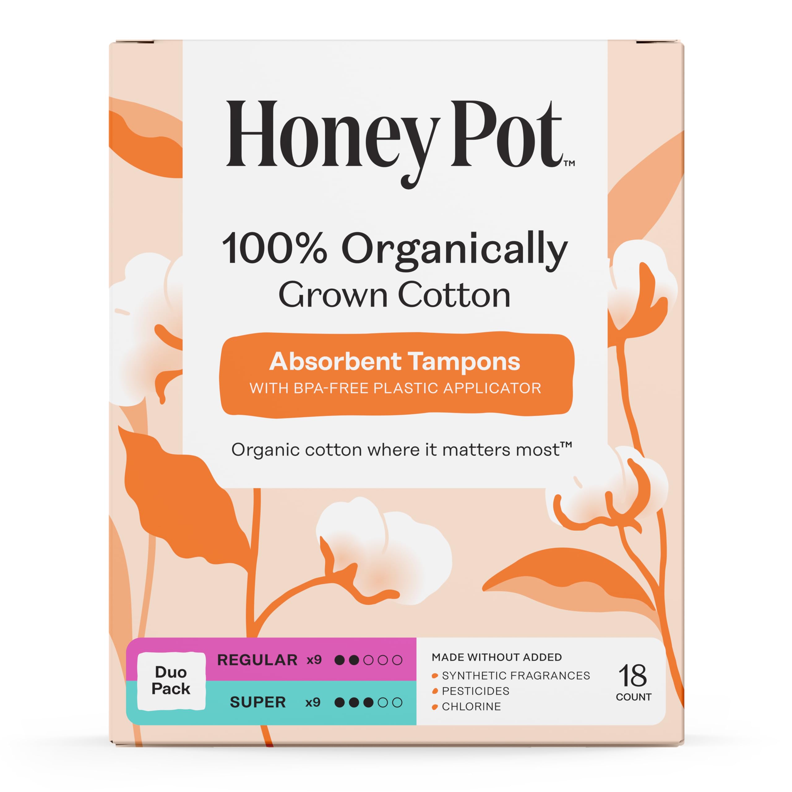 The Honey Pot Company Organic Cotton Core Tampons, Regular & Super