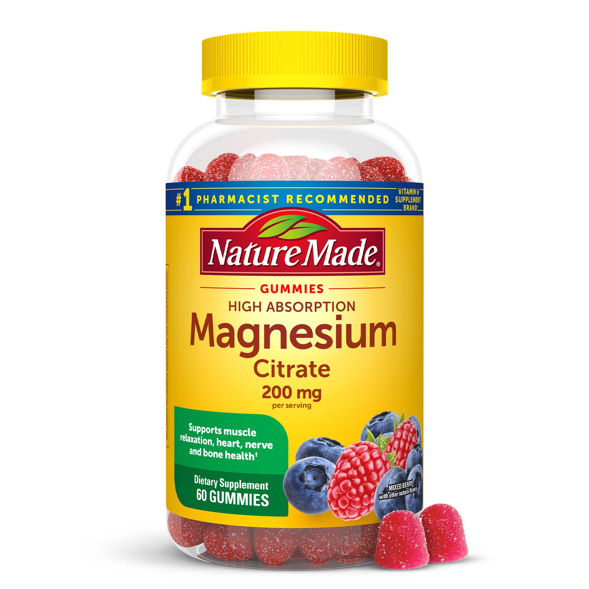 Nature Made High Absorption Magnesium Citrate 200 mg per serving, Magnesium Supplement for Muscle, Nerve, Bone and Heart Support, 60 Magnesium Gummies, 30 Day Supply