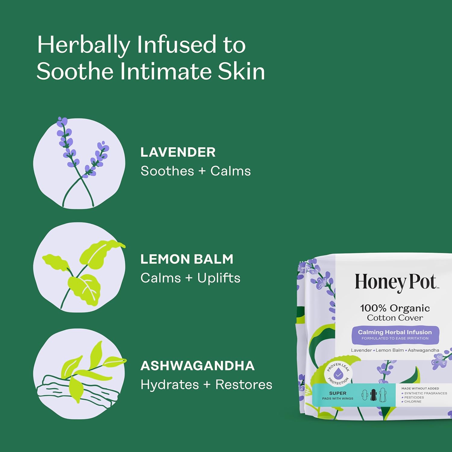 The Honey Pot Company, Calming Herbal Infusion Super Pads, 16 Count