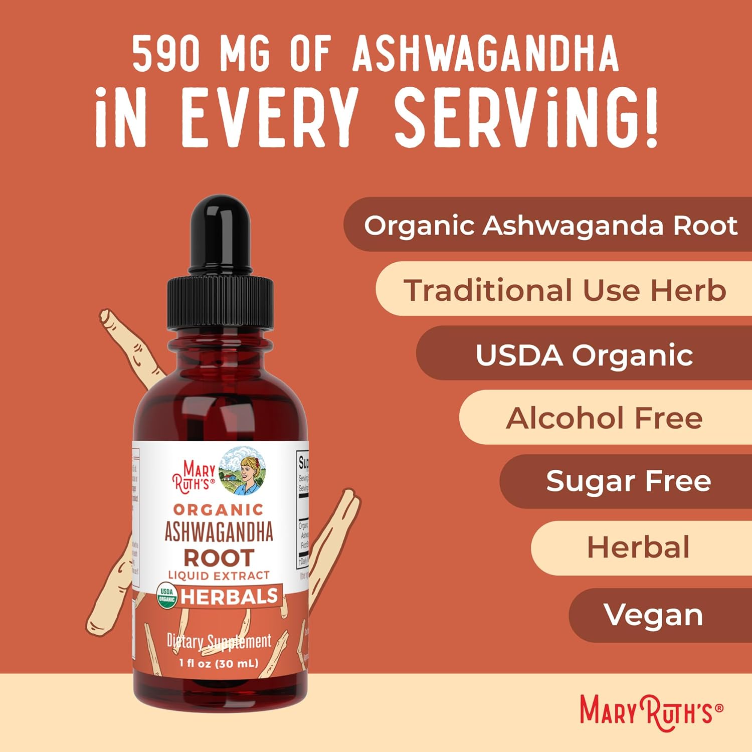MaryRuth Organics Ashwagandha Root Liquid Drops, 60 Servings