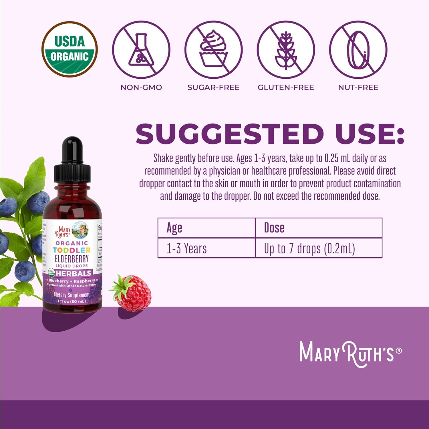 MaryRuth Organics Toddler Elderberry Syrup, USDA Organic Elderberry, 1 Fl Oz