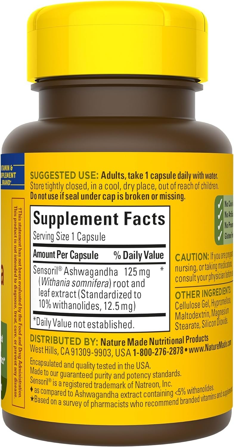 Nature Made Ashwagandha Capsules 125mg for Stress Support, 60 Capsules, 60 Day Supply