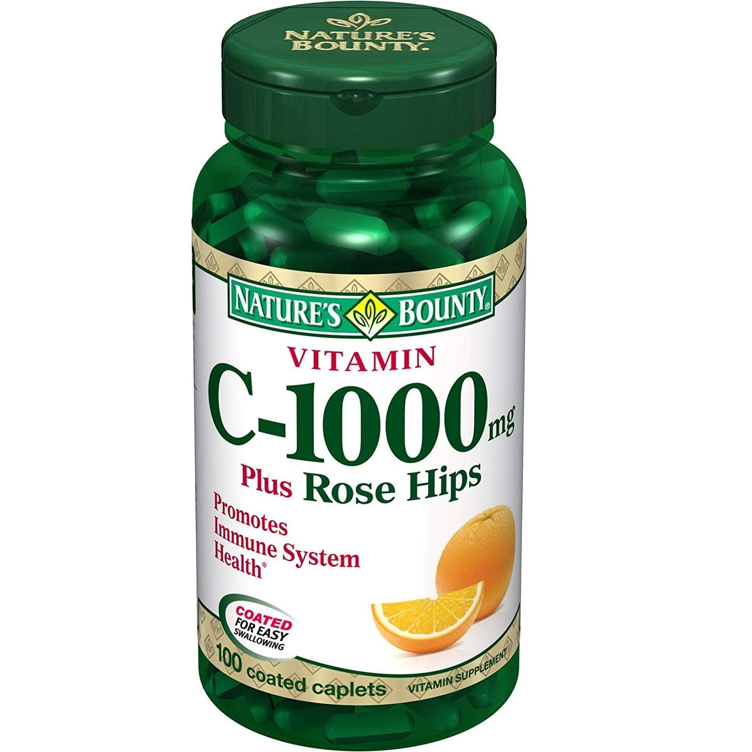 Nature’s Bounty Vitamin C + Rose HIPS, Immune Support, 1000mg Vitamin C, Coated Caplets, 1 Serving per Day, Vegetarian Caplets, 100 Ct