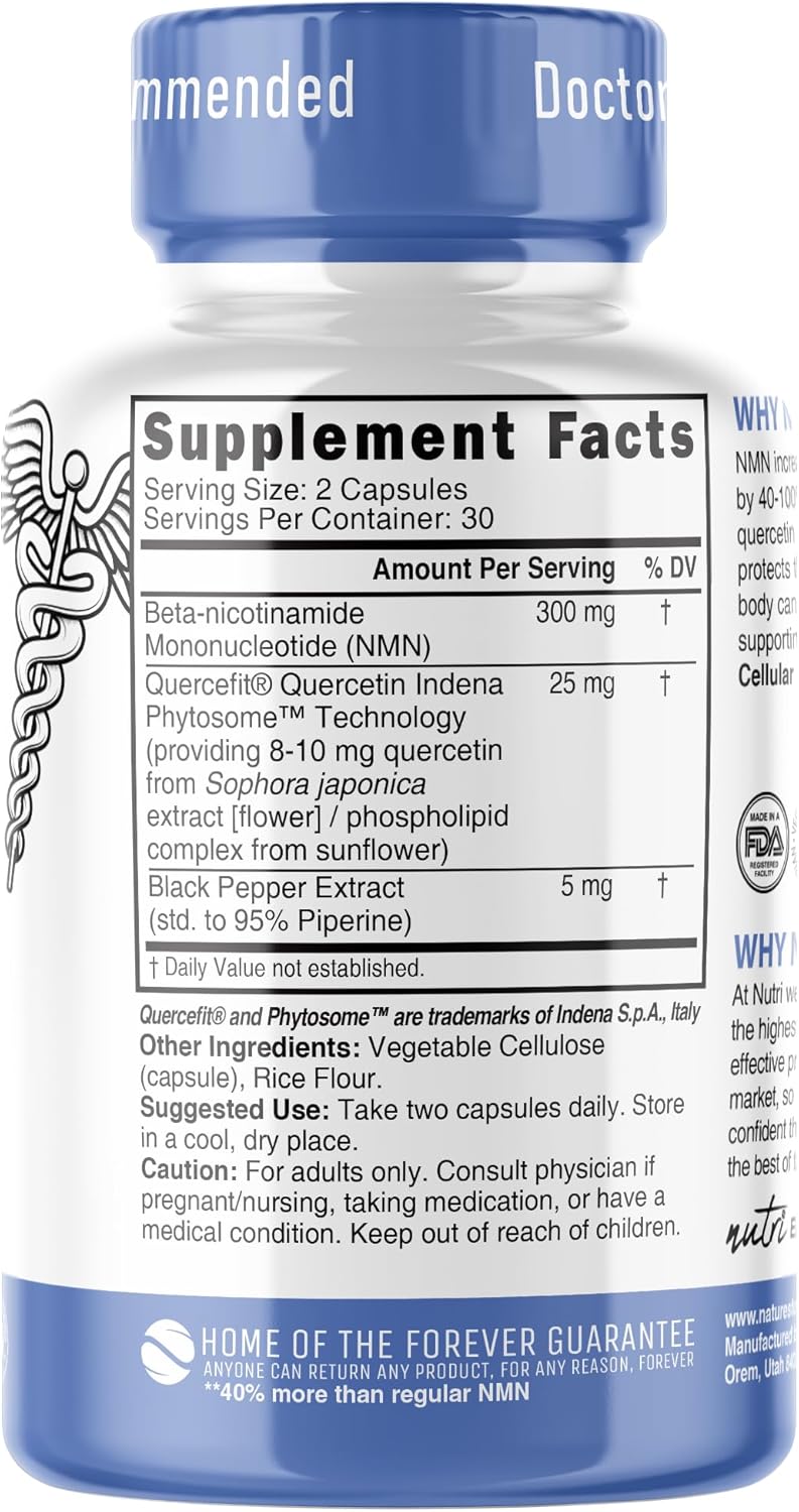 Nutri NMN+ 300mg Nicotinamide Mononucleotide With Quercefit & Black Pepper, 60 Capsules