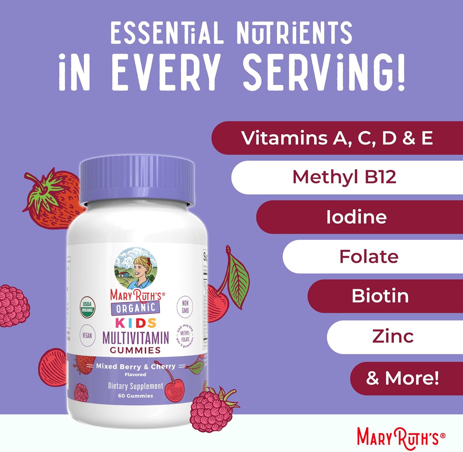MaryRuth Organics Kids Multivitamin Vitamins, 60 Gummies