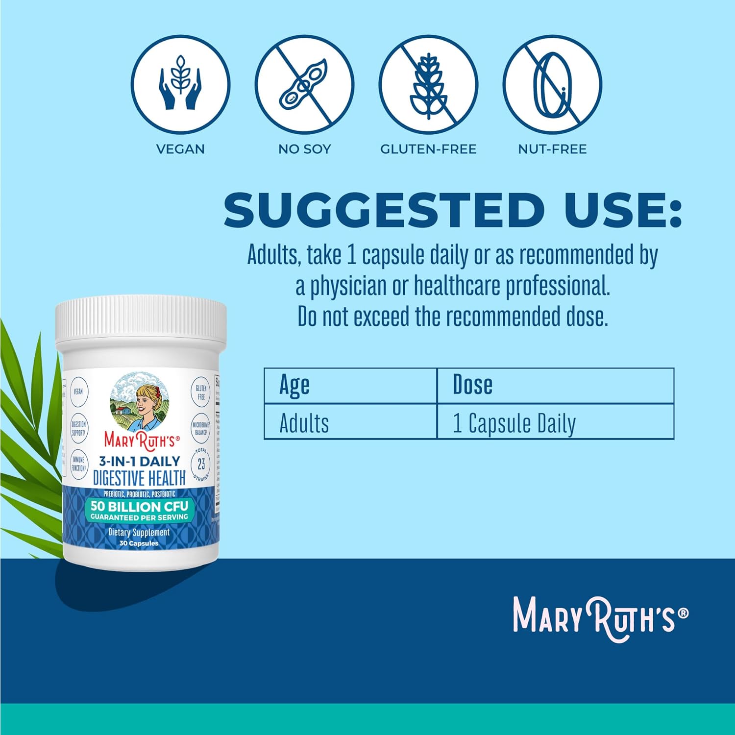 MaryRuth's 3-in-1 Probiotics, 50 Billion CFU, 30 Servings
