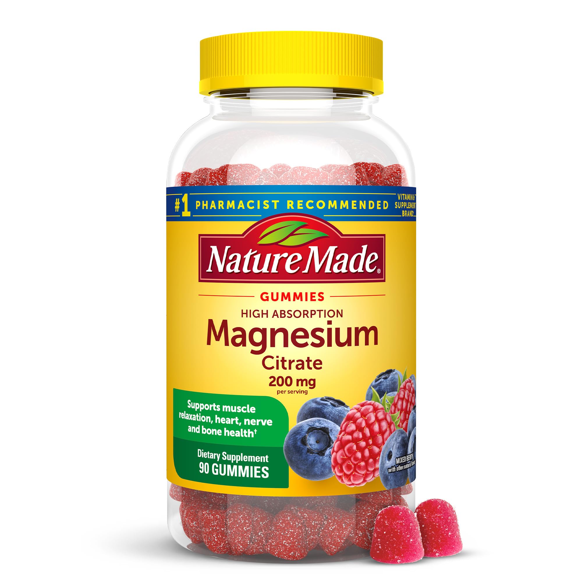 Nature Made High Absorption Magnesium Citrate 200 mg per serving, Magnesium Supplement for Muscle, Nerve, Bone and Heart Support, 60 Magnesium Gummies, 30 Day Supply