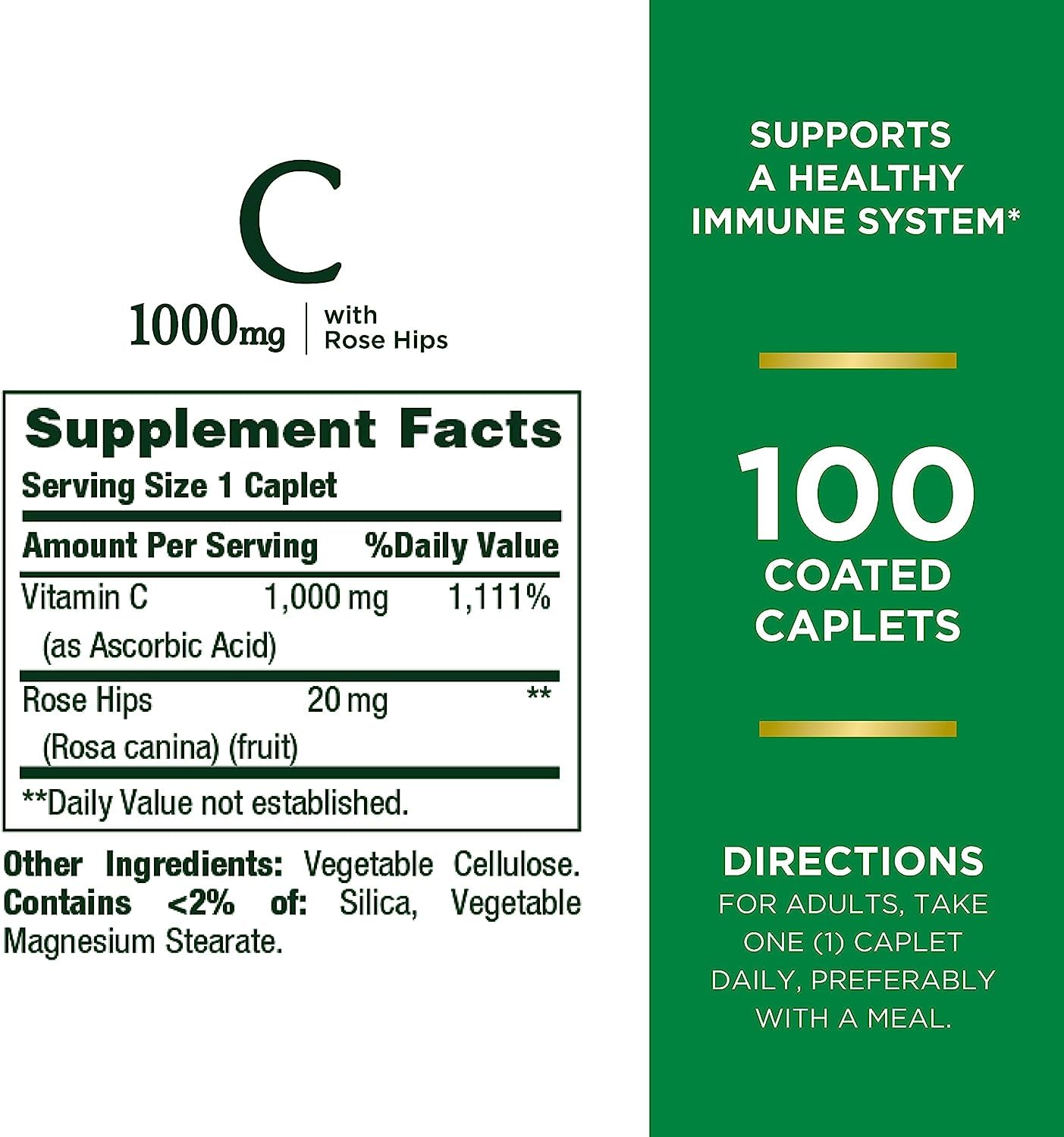 Nature’s Bounty Vitamin C + Rose HIPS, Immune Support, 1000mg Vitamin C, Coated Caplets, 1 Serving per Day, Vegetarian Caplets, 100 Ct