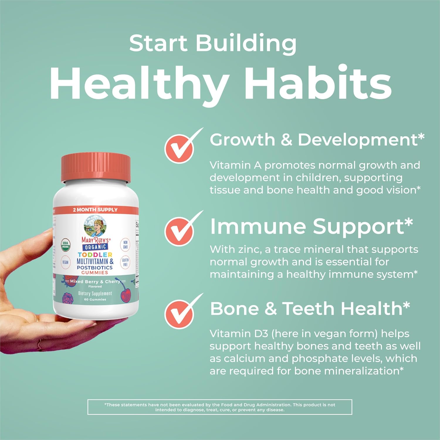 MaryRuth Organics Toddler Multivitamin Gummies + Postbiotics, 60 Gummies