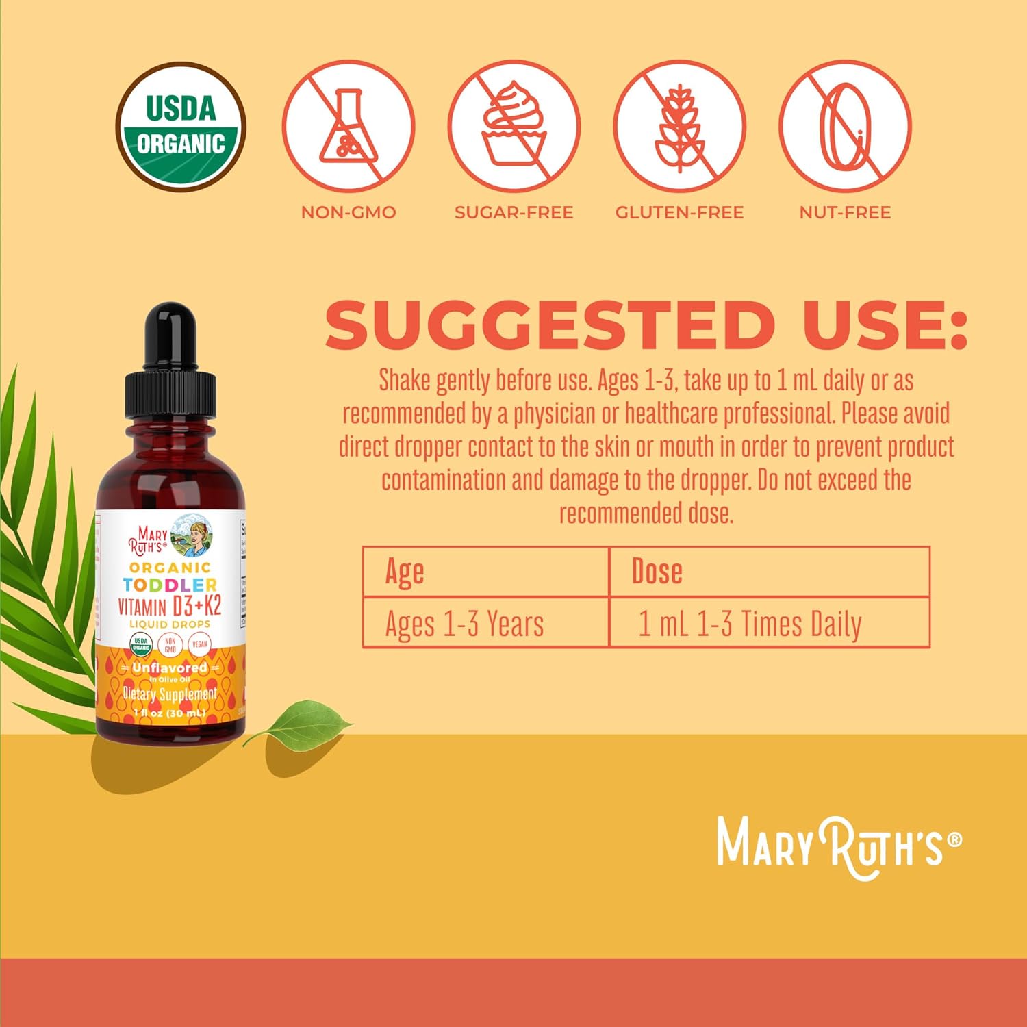 MaryRuth Organics Toddler Vitamin D3+K2 Liquid Drops, 1 Fl Oz
