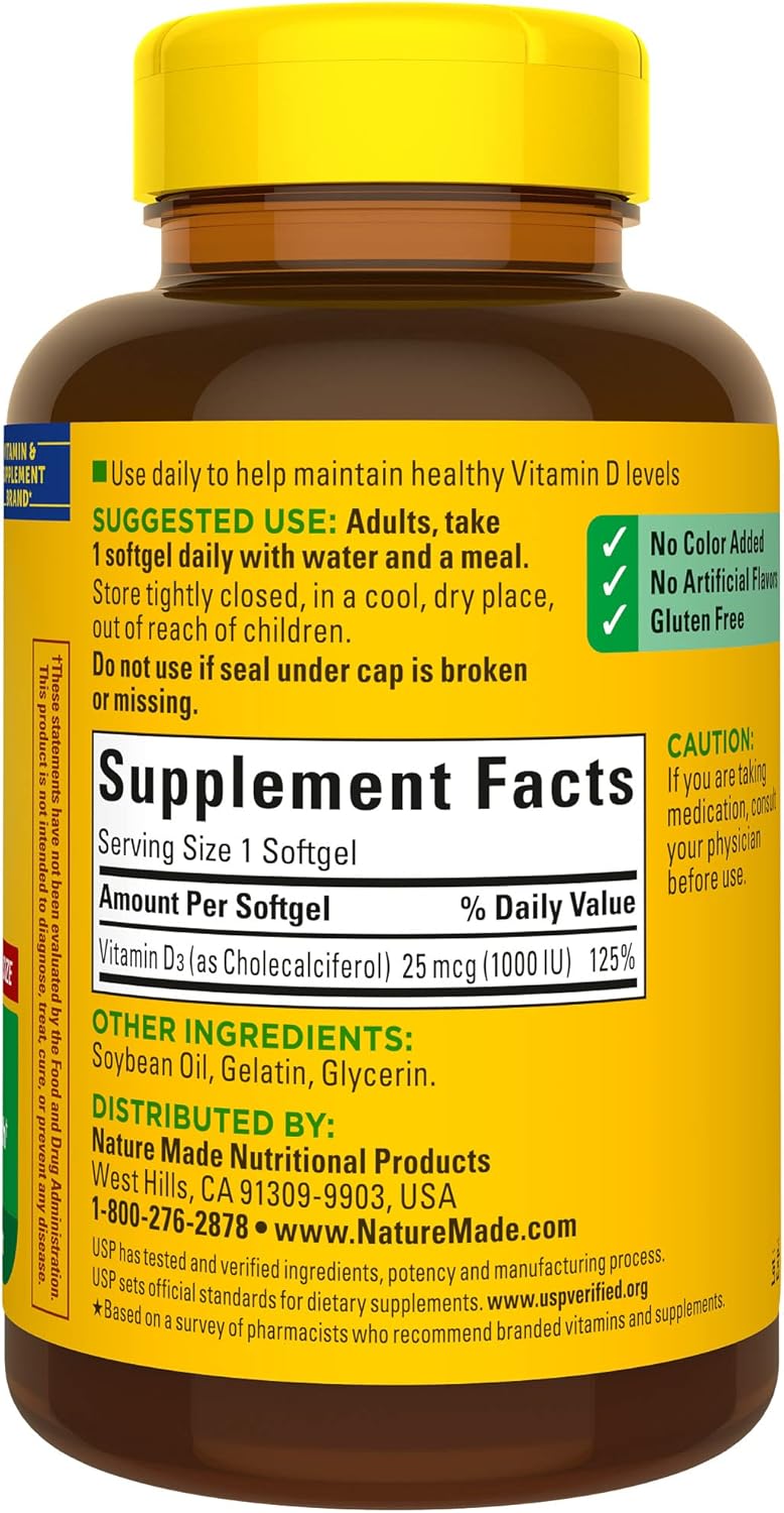 Nature Made Vitamin D3 1000 IU (25 mcg), 100 Softgels