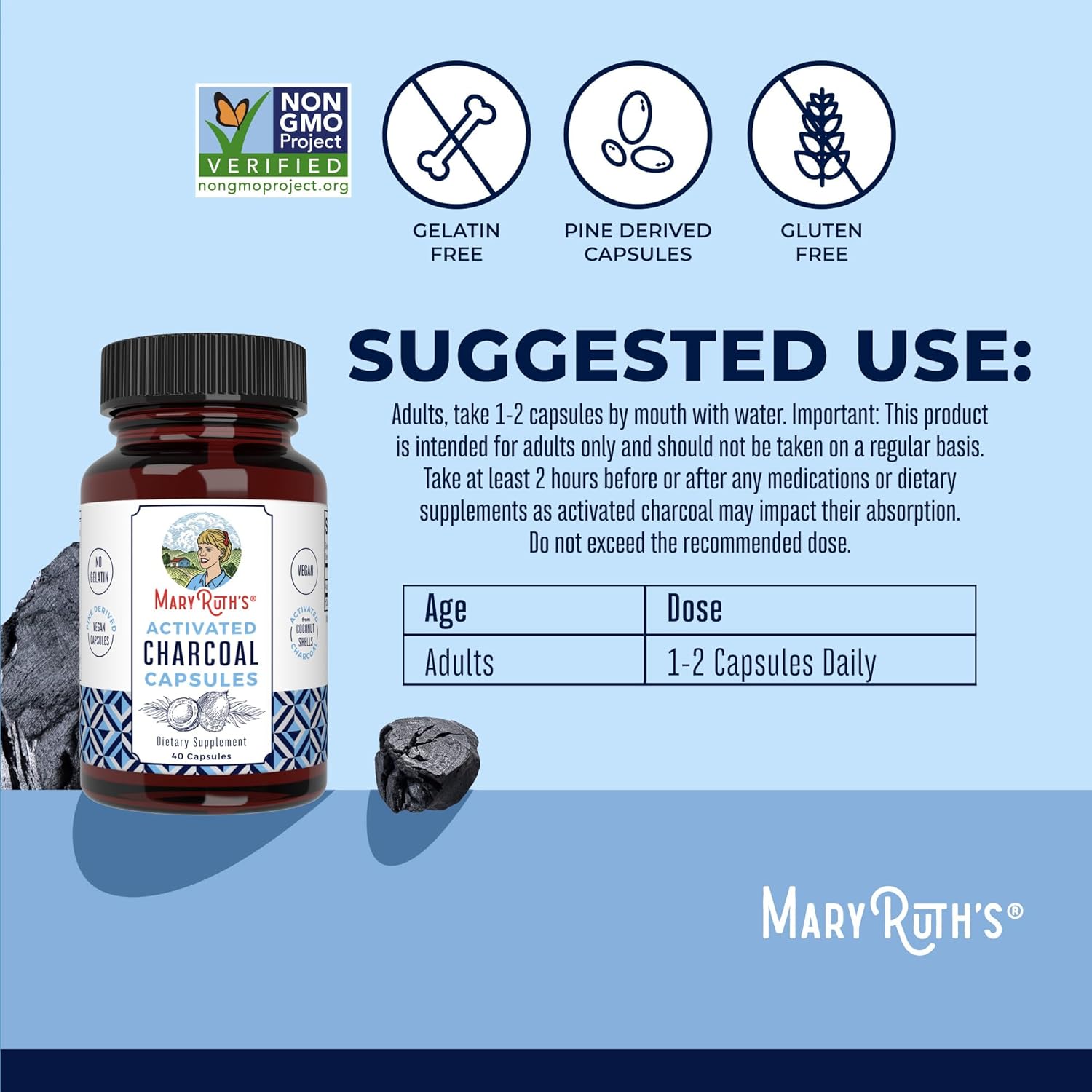 MaryRuth Organics Activated Charcoal, 40 Capsules