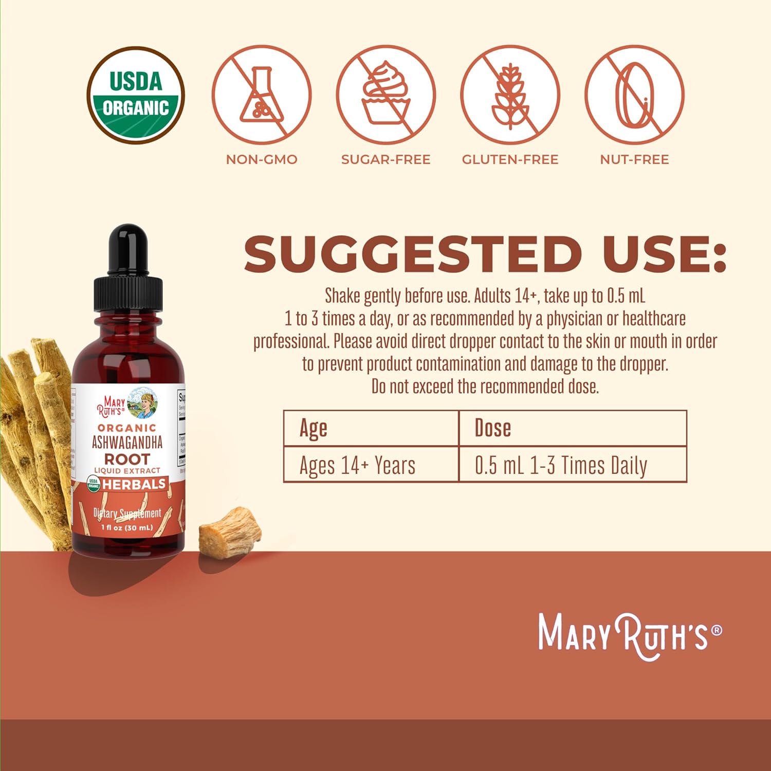 MaryRuth Organics Ashwagandha Root Liquid Drops, 60 Servings
