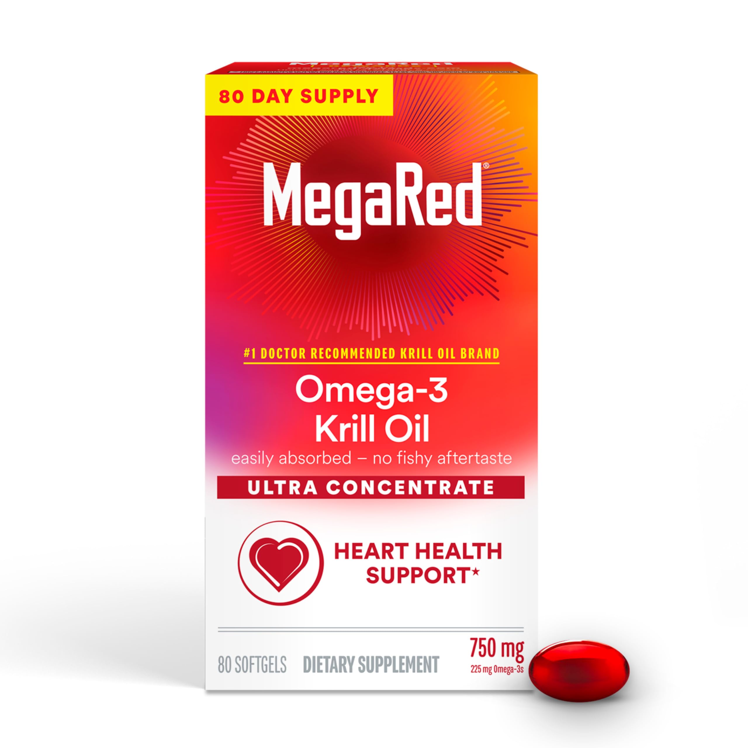 MegaRed Antarctic Krill Oil 500mg Omega 3 Fatty Acid Supplement, Extra Strength EPA & DHA Krill Oil Softgels (90cnt Box), Astaxanthin, Heart Health Supplement with No Fish Oil Aftertaste