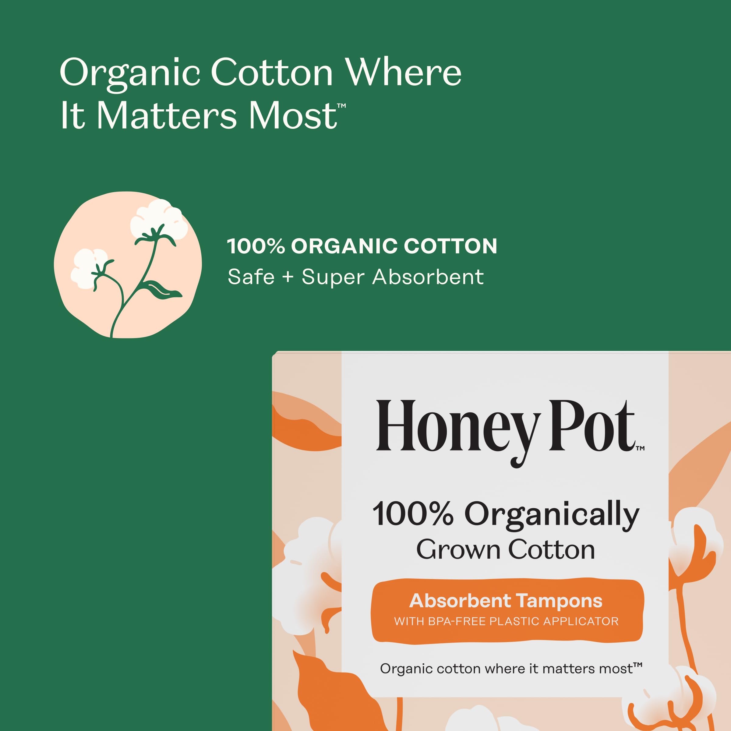 The Honey Pot Company Organic Cotton Core Tampons, Regular & Super