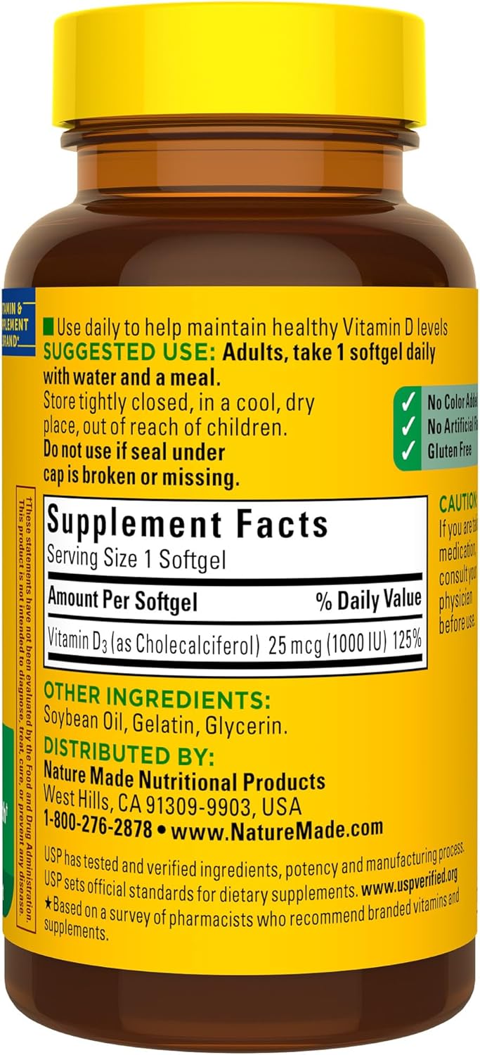 Nature Made Vitamin D3 1000 IU (25 mcg), 100 Softgels