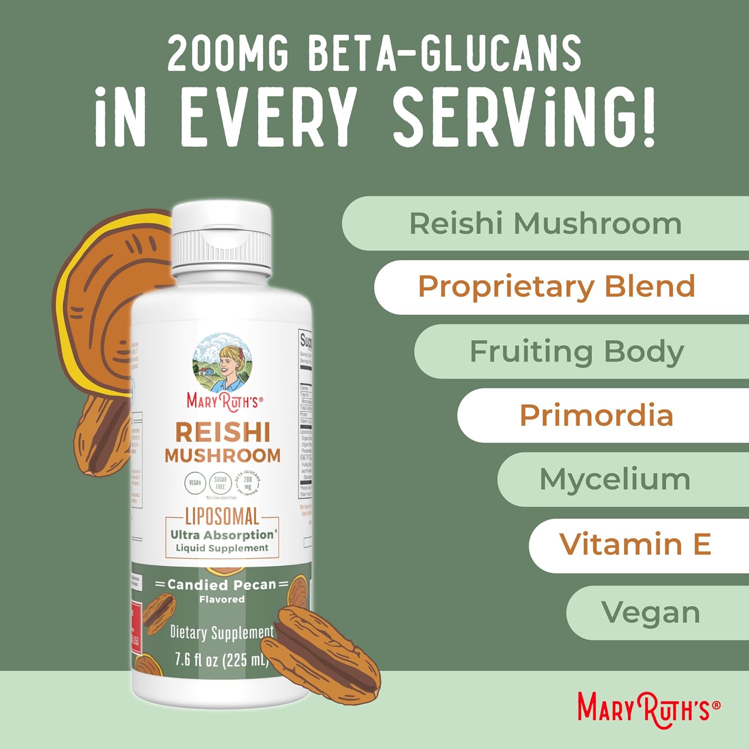 MaryRuth Organics Reishi Vegan Mushroom Supplement, 7.6 oz,