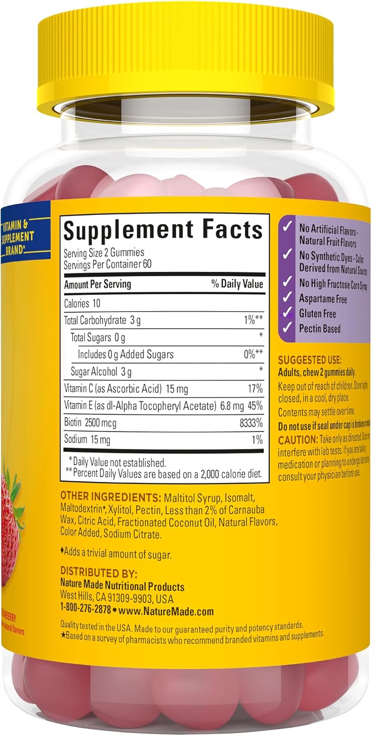 Nature Made Zero Sugar Hair Skin Nails, Biotin 2500 mcg, 120 Gummies