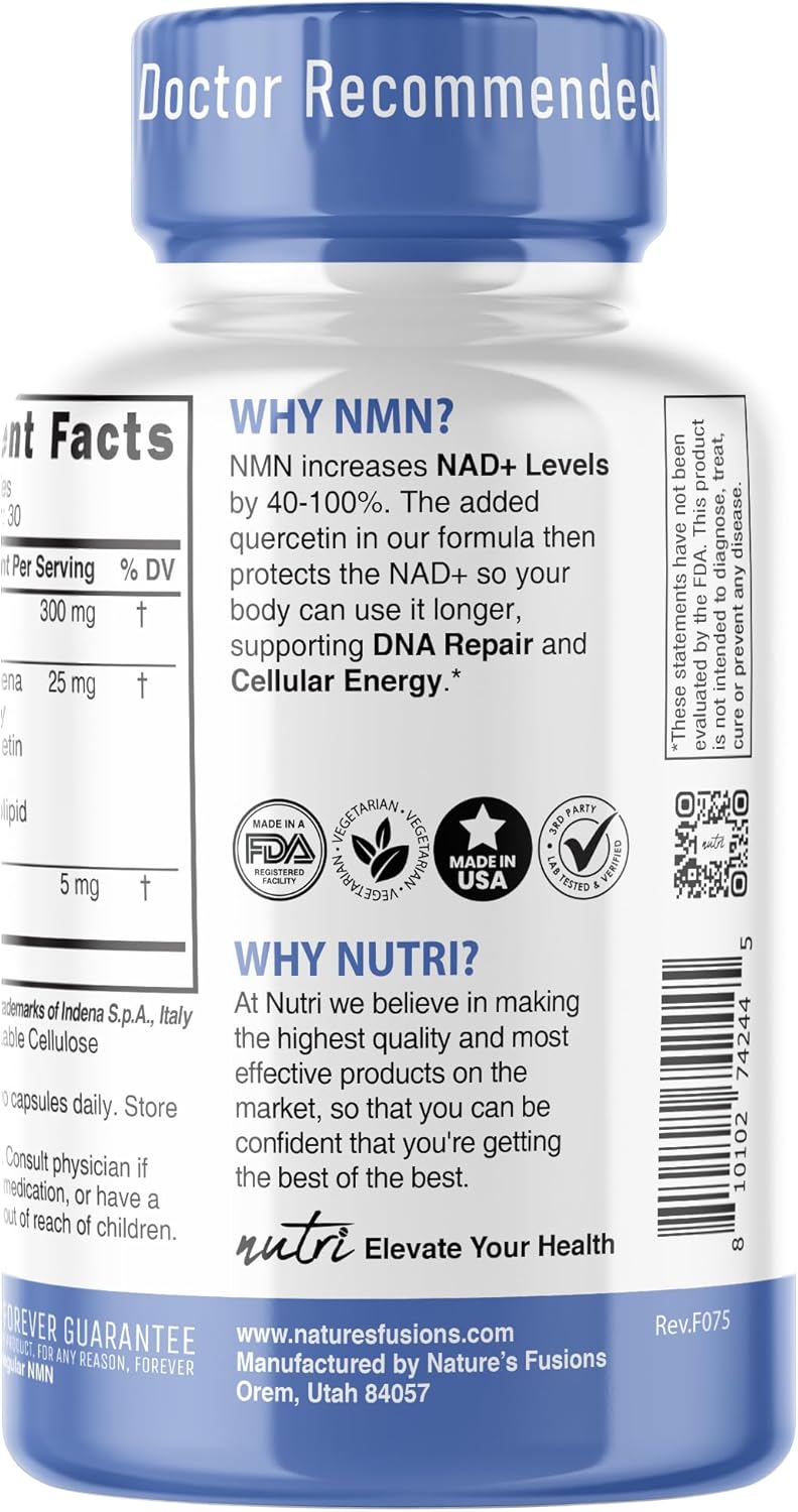 Nutri NMN+ 300mg Nicotinamide Mononucleotide With Quercefit & Black Pepper, 60 Capsules