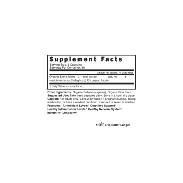 Nutri Organic Lions Mane Supplement Capsules, 120 ct