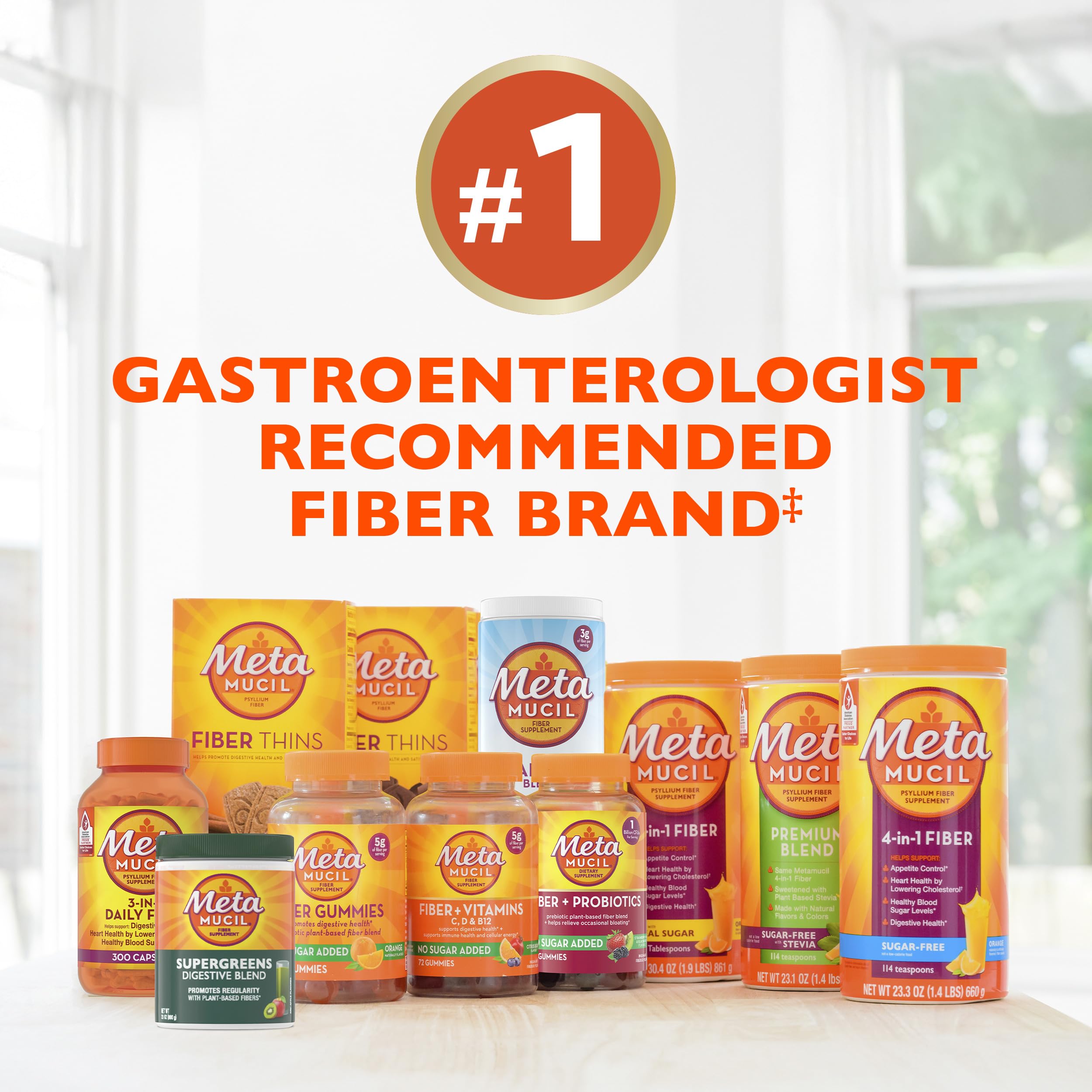 Metamucil 4-in-1 Psyllium Husk Fiber Supplement, 180 teaspoons, Orange Flavored.