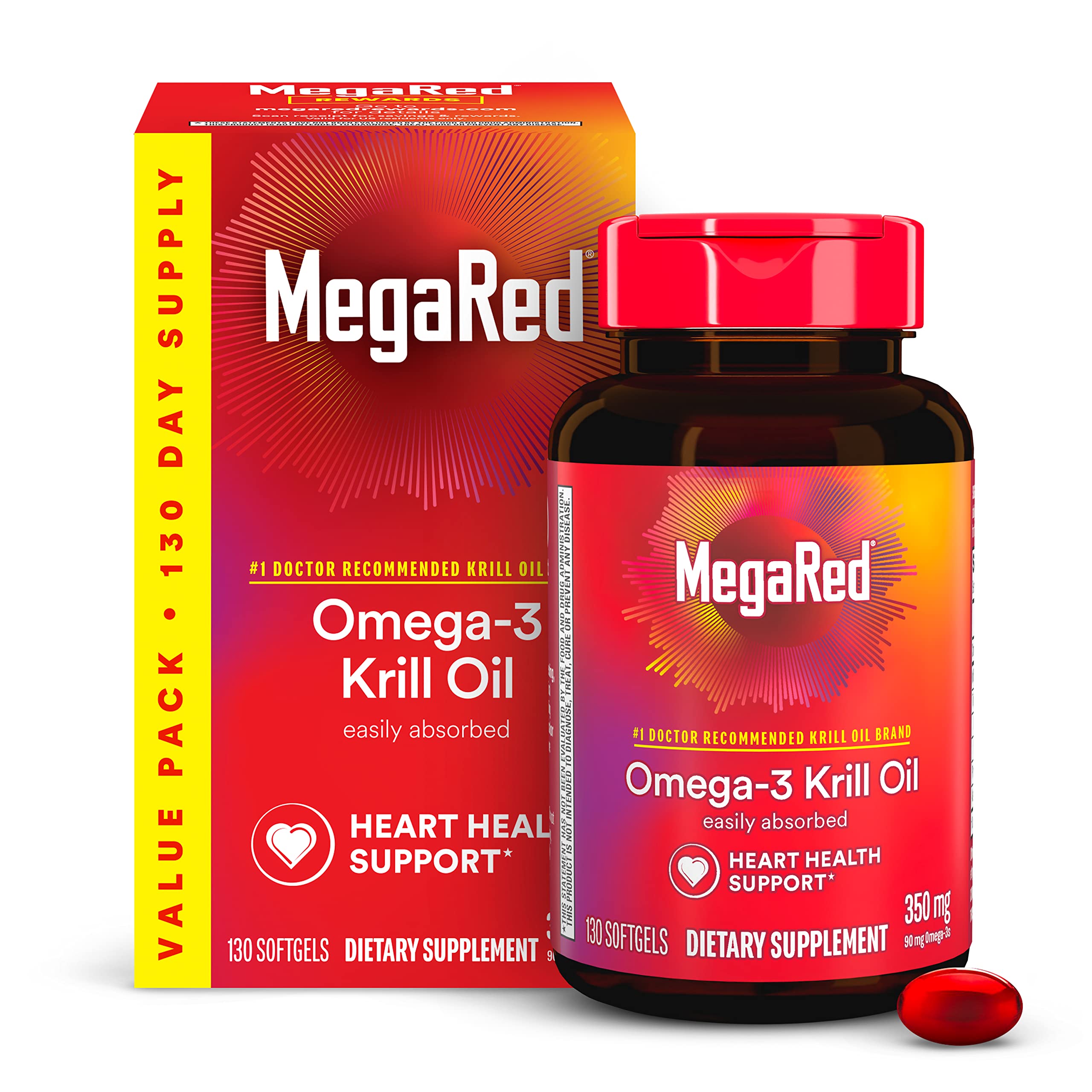 MegaRed Antarctic Krill Oil 500mg Omega 3 Fatty Acid Supplement, Extra Strength EPA & DHA Krill Oil Softgels (90cnt Box), Astaxanthin, Heart Health Supplement with No Fish Oil Aftertaste