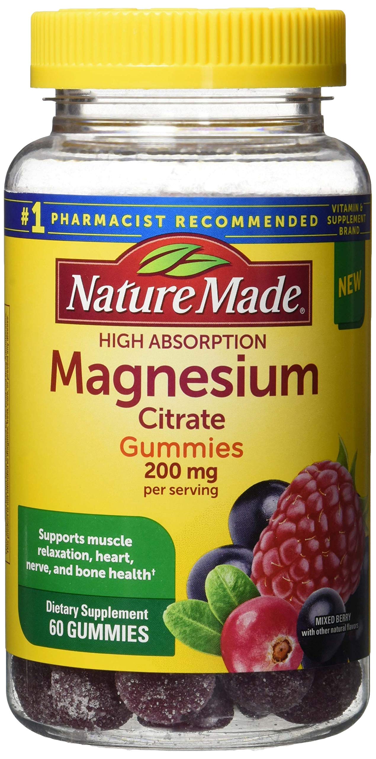 Nature Made High Absorption Magnesium Citrate 200 mg per serving, Magnesium Supplement for Muscle, Nerve, Bone and Heart Support, 60 Magnesium Gummies, 30 Day Supply