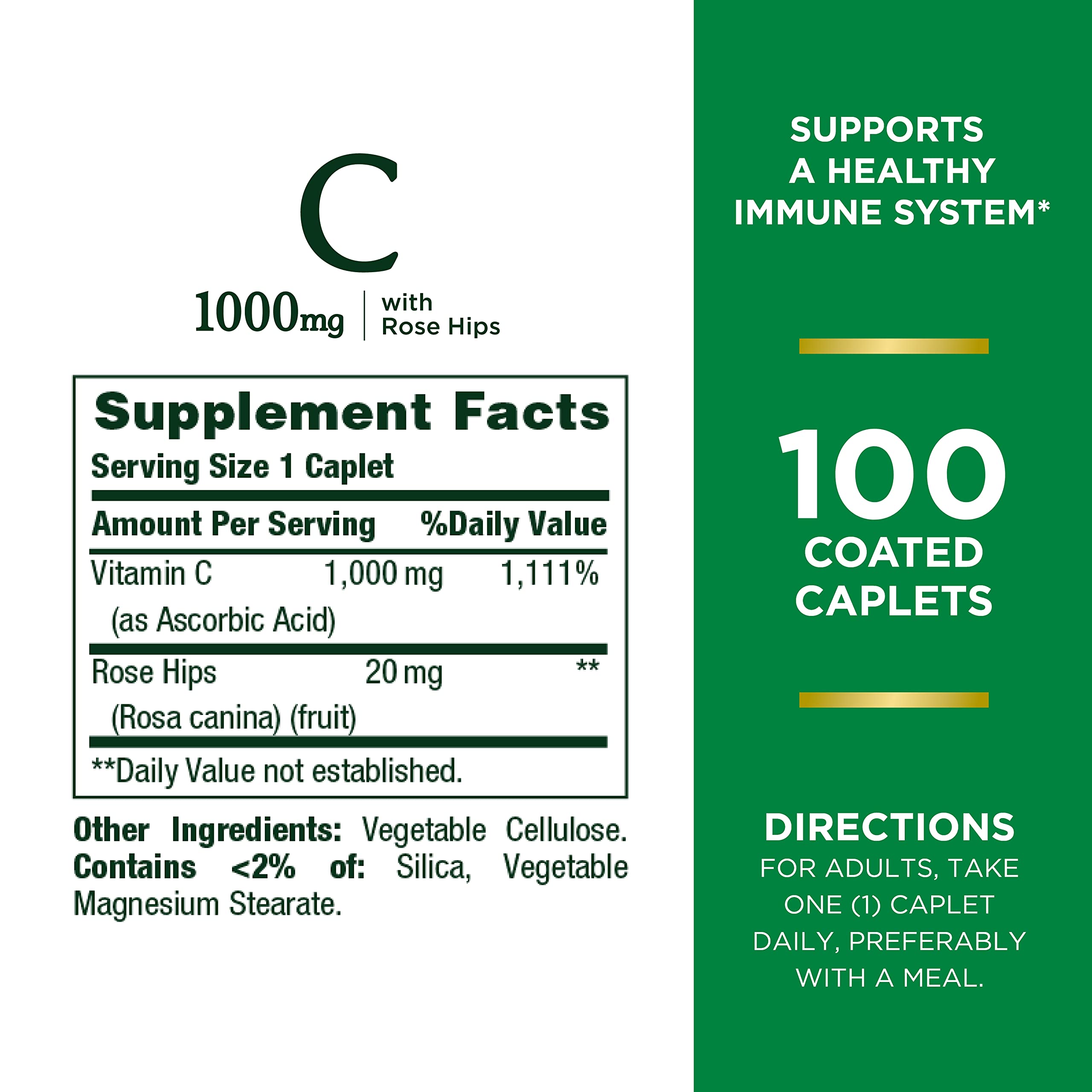 Nature’s Bounty Vitamin C + Rose HIPS, Immune Support, 1000mg Vitamin C, Coated Caplets, 1 Serving per Day, Vegetarian Caplets, 100 Ct