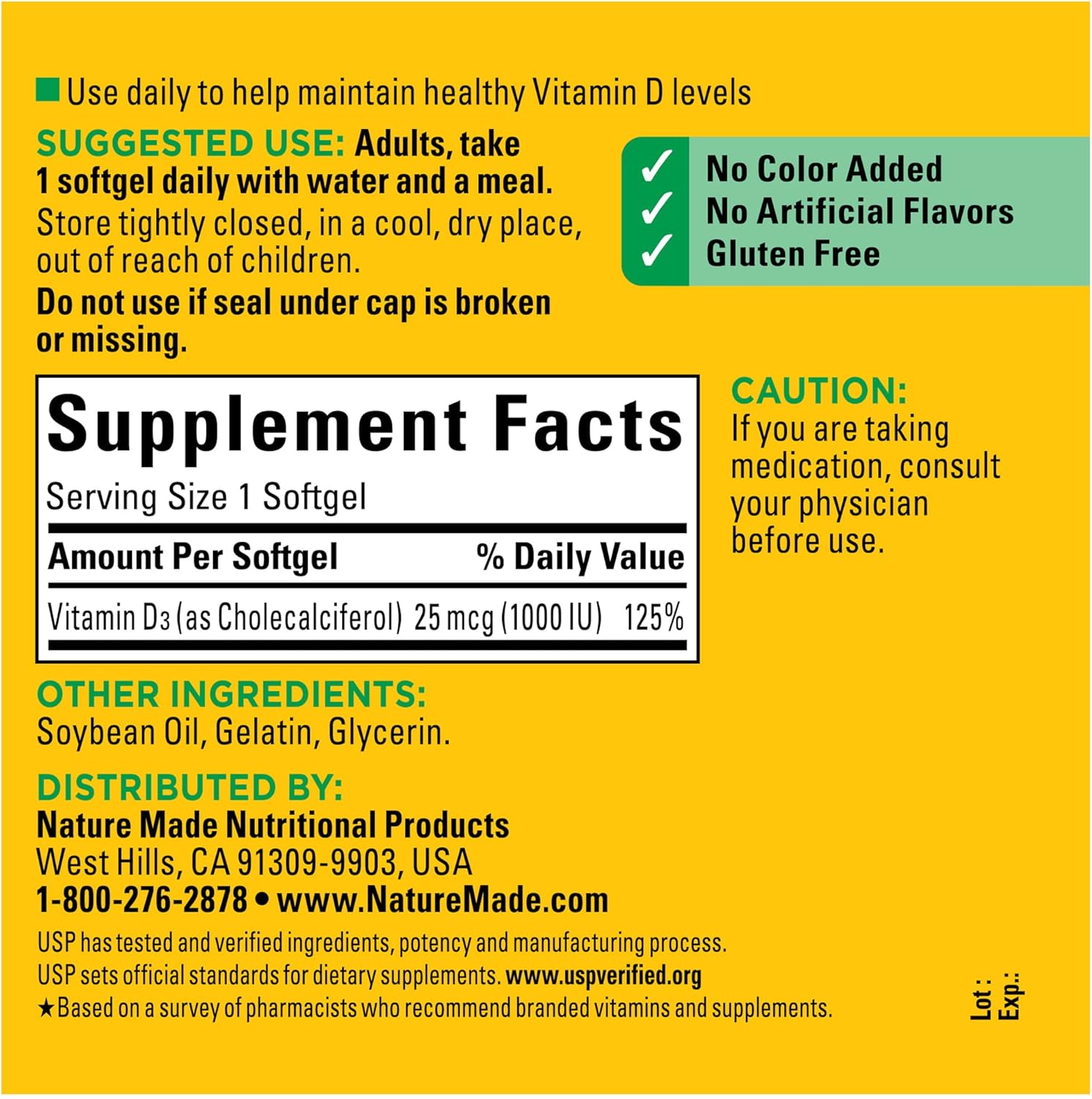 Nature Made Vitamin D3 1000 IU (25 mcg), 100 Softgels