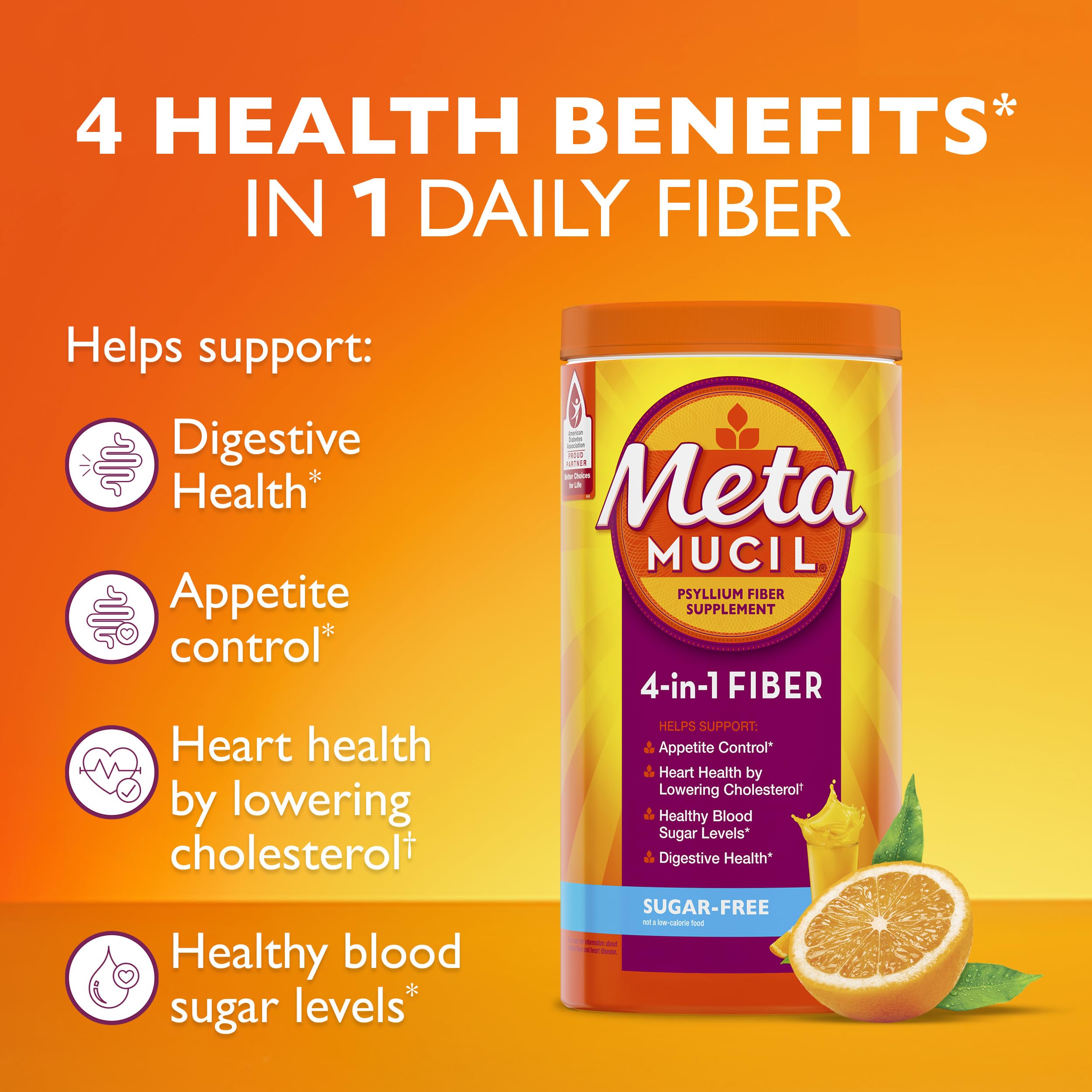 Metamucil 4-in-1 Psyllium Husk Fiber Supplement, 180 teaspoons, Orange Flavored.